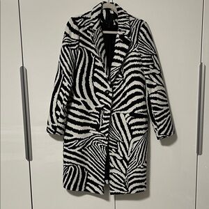 MAISON CINQCENT Zebra Pattern Wool Blend Coat Lapel Pockets Lined, Size M